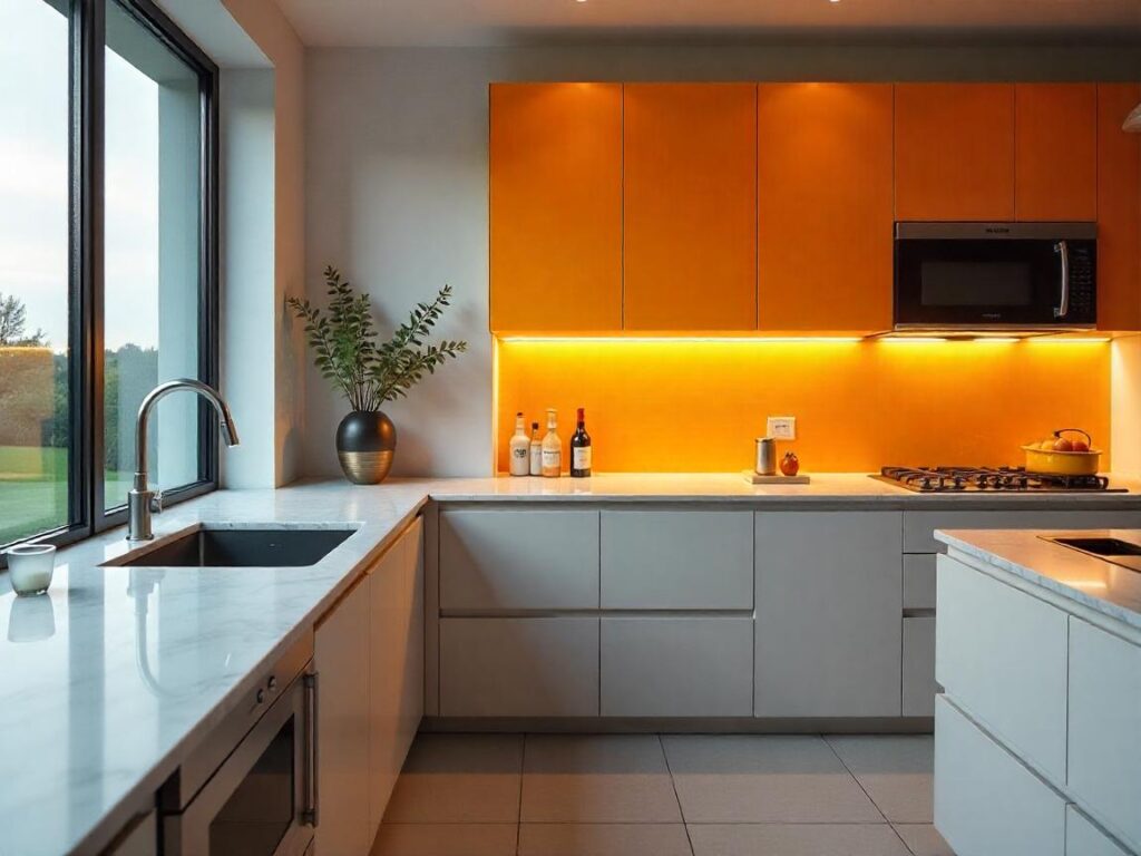 Glossy Acrylic panels used on kitchen cabinets.