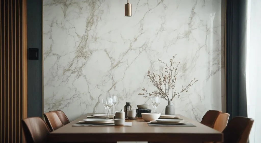 Marble Acrylic panels on wall of dining area.